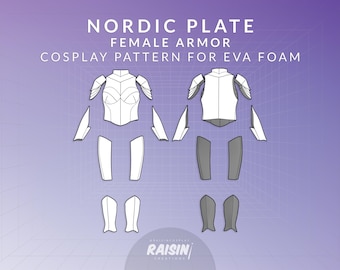 May include: Illustration of a female armor cosplay pattern for EVA foam. The design includes a chest piece, shoulder guards, arm and leg pieces. The text "NORDIC PLATE FEMALE ARMOR COSPLAY PATTERN FOR EVA FOAM" is at the top of the image.