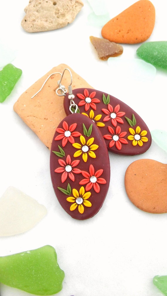 Items similar to Jewelry Earrings Polymer Clay Dangle Embroidery