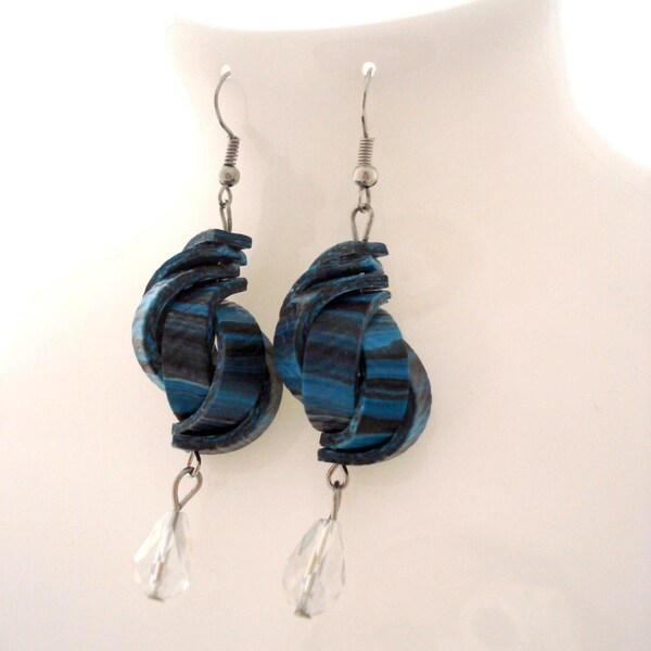 Polymer Clay Jewelry Blue Shell Dangle Earrings Handmade Fimo Beads Long Earrings