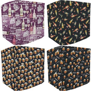 May include: A set of four fabric covers featuring beverage-themed prints. One cover has a purple wine motif with text, one has a black wine bottle pattern, one has a black beer mug print, and one has a black beer-themed design with text.