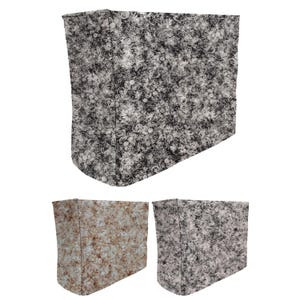 May include: Three fabric storage bins with a floral pattern. The bins are in black, brown, and gray.