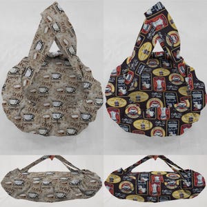 May include: Four different styles of reusable shopping bags with a coffee theme. The bags are made of fabric and have a brown and beige color scheme. The bags feature a variety of coffee-related designs, including coffee cups, coffee beans, and coffee pots. The bags are all folded and laid out on a white surface.