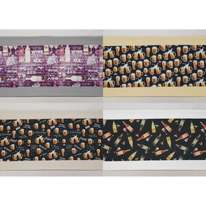 May include: A collage of four rectangular fabric runners. The top left features a purple wine-themed print on a gray border. The top right shows a beer mug pattern on a tan border. The bottom left displays beer mugs on a tan border. The bottom right features wine bottles on a white border.