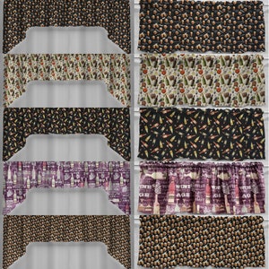 May include: Set of 10 valance curtains featuring various beer and wine themed patterns. The valances are made of a soft, woven fabric and have a ruffled edge. The patterns include beer bottles, wine glasses, grapes, and hops.