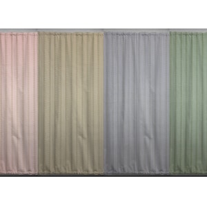 May include: Four fabric swatches with vertical stripes in pink, green, gray, and green. The fabric has a subtle pattern within the stripes.