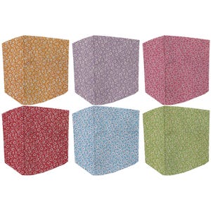 May include: Six fabric face masks in various colors, each with a floral pattern. Colors include gold, purple, pink, red, blue, and green. The masks are shaped to cover the nose and mouth.