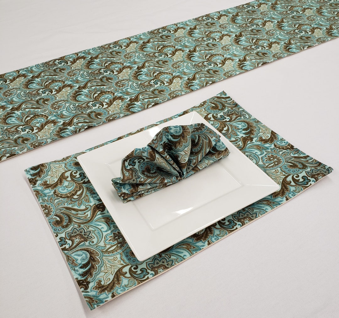Brown & Teal Paisley Placemat Table Runner Cloth Napkins Set Etsy