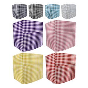 May include: A collection of fabric-covered boxes in various colors, including black, teal, purple, pink, yellow, and red. Each box features a classic gingham pattern, offering a range of options for storage or decorative use.