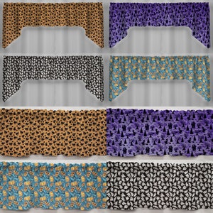 May include: Set of six Halloween-themed valances with different patterns. The valances are made of fabric and have a scalloped edge. The patterns include black cats, pumpkins, ghosts, and bats.