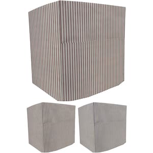 May include: A set of three boxes with a vertical striped pattern in white and burgundy. The boxes are rectangular with a lid and are displayed against a white background. The boxes are likely for gift giving or storage.