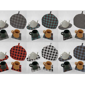 May include: Set of 10 tea cozy covers and matching teacup coasters in various plaid patterns. The covers are dome-shaped and the coasters are square. The patterns include black and white, red and black, blue and white, and green and white.