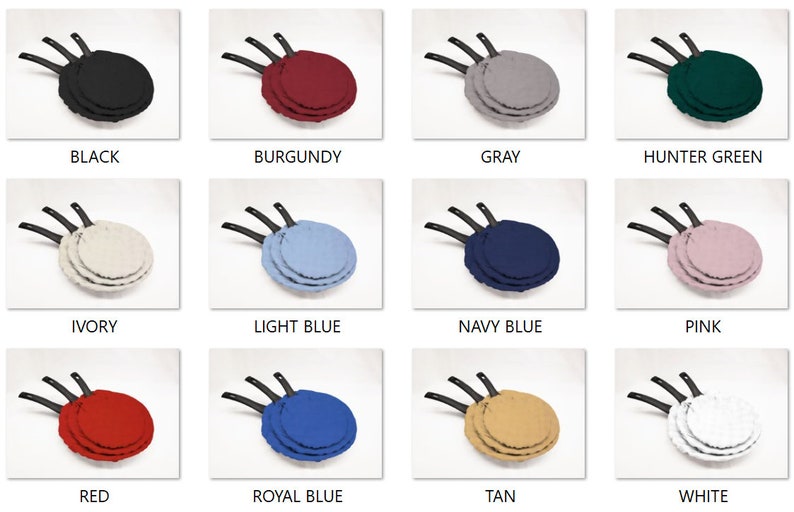 May include: Set of three round pan covers in various colors, including black, burgundy, gray, hunter green, ivory, light blue, navy blue, pink, red, royal blue, tan, and white.