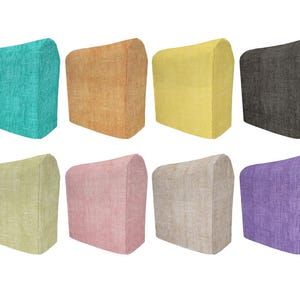 May include: Set of ten chair back covers in various colors, including teal, orange, yellow, gray, green, pink, beige, and purple. The covers are made of a textured fabric and are designed to protect and enhance the look of chairs.