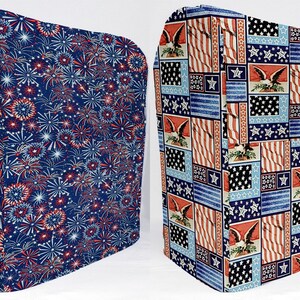 May include: Two fabric covers for appliances, one with a blue background and a red, white, and blue fireworks pattern, and the other with a red, white, and blue patchwork pattern featuring stars, stripes, and eagles.