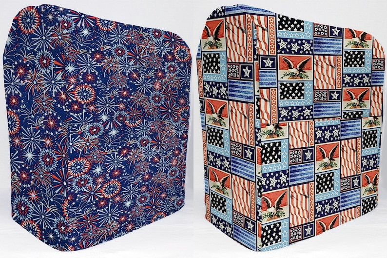 May include: Two fabric covers for appliances, one with a blue background and a red, white, and blue fireworks pattern, and the other with a red, white, and blue patchwork pattern featuring stars, stripes, and eagles.