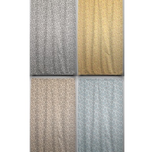 May include: Four different fabric swatches with a floral pattern. The swatches are in black and white, yellow, beige, and blue.