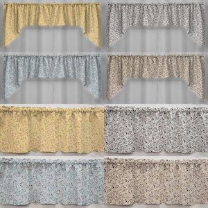 May include: Set of eight valance curtains with a variety of floral patterns. The curtains are in shades of yellow, blue, brown, and gray.
