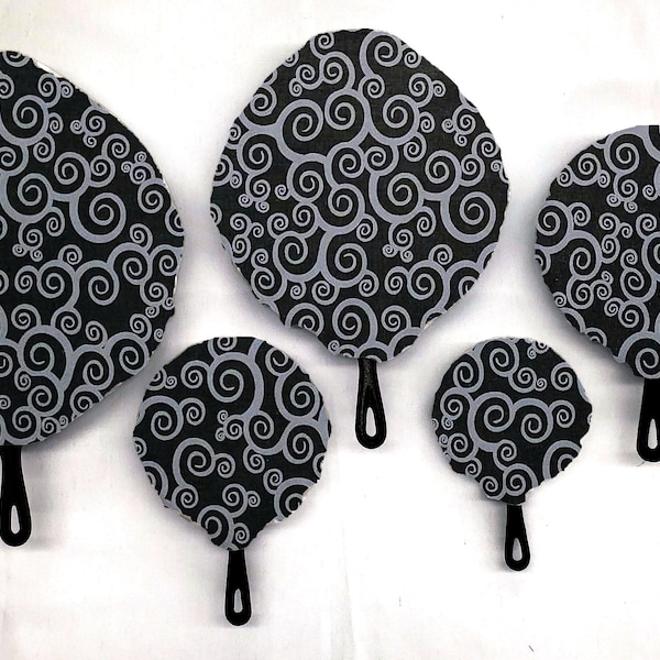 Black & Gray Scroll Damask Cast Iron Pan Covers (Set of 5)