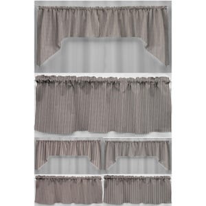 May include: Collection of striped window valances and curtains in various styles. The fabric features a neutral color palette with vertical black stripes. The valances have scalloped edges, while the curtains are straight. These window treatments are designed for home decor.