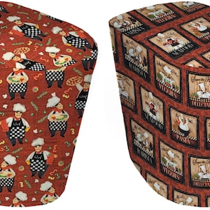 May include: Two red and black patterned fabric appliance covers. The first cover features a repeating pattern of cartoon chefs holding various Italian foods. The second cover features a repeating pattern of framed illustrations of Italian food with the text "Save the Flavor" and "Delicious Table" in each frame.