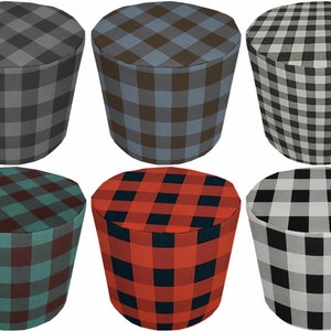 May include: A collection of six fabric ottomans, each with a distinct plaid pattern. The color schemes include gray, blue and brown, black and white, teal and burgundy, red and black, and black and gray. The ottomans have a cylindrical shape.