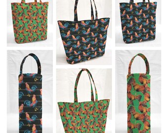 May include: A collection of tote bags and wine bottle bags, each featuring a repeating rooster pattern. The bags come in various sizes and shapes, with handles and a vibrant color palette of green, black, orange, and blue.
