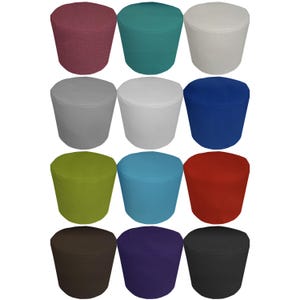 May include: Twelve round fabric ottoman footstools in various colors, including red, blue, green, white, gray, brown, black, and purple.