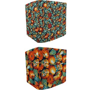 May include: Two fabric squares with a pattern of orange pumpkins, green leaves, and brown vines on a dark background. The fabric is suitable for crafting projects like quilting, sewing, and making home decor.