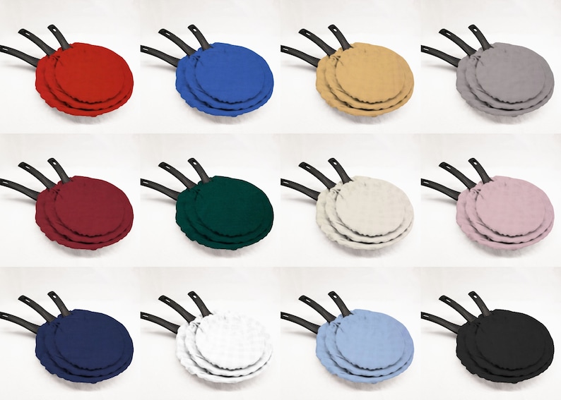 May include: Set of three round pan covers in various colors, including red, blue, green, burgundy, beige, gray, pink, navy, white, light blue, and black.