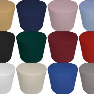 May include: Assortment of 10 round fabric ottoman covers in various colors, including beige, navy blue, pink, light blue, black, green, burgundy, red, white, and gray.