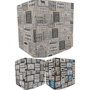 May include: A seamless pattern featuring a variety of rustic signs with text that reads "Farm to Fork", "Farm Table", "Life is Better on the Farm", and "Farmers Market". The signs are in black and white with a distressed woodgrain texture. The background is a light beige with a woodgrain texture.