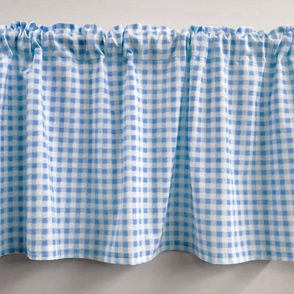 Light Blue & White Checked Gingham Valances, Curtains or Swags