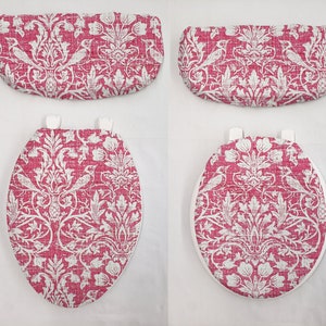 Pink Floral Damask Toilet Seat Lid and Tank Cover Set