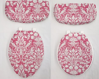 Pink Floral Damask Toilet Seat Lid and Tank Cover Set