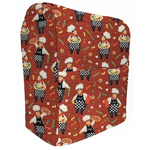 May include: A kitchen appliance cover in a deep red fabric featuring a repeating pattern of cartoon chefs wearing white hats and black and white checkered aprons. The chefs are depicted holding pizzas, with small illustrations of tomatoes and herbs.