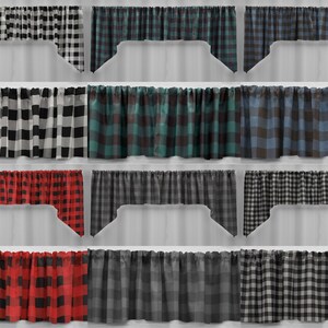 May include: A set of 10 valance curtains in various plaid patterns, including black and white, red and black, and blue and black. The valances are all made of a soft, woven fabric and have a simple, classic design.