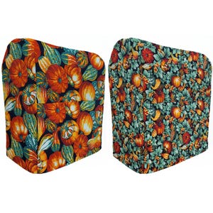 May include: Two kitchen appliance covers with a fall-themed print featuring orange, green, and brown gourds and leaves on a dark blue background.