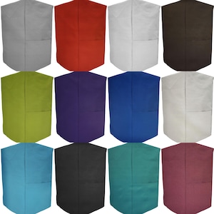 May include: Twelve different colored fabric bean bag chairs. The chairs are all the same shape and size, and they have a pocket on the side. The colors are gray, red, white, brown, green, purple, blue, light gray, teal, black, turquoise, and burgundy.