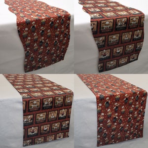 May include: Red table runner with a repeating pattern of chefs and checkered accents. The runner is made of fabric and is designed to be placed on a table. The overall theme is kitchen and dining.