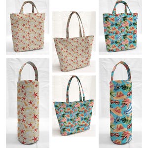 May include: Collection of tote bags and wine bottle carriers. The bags feature beach-themed patterns with starfish, seashells, and beach hats. The bags are in various shapes and sizes, with handles for carrying.
