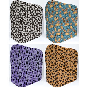 May include: Four different Halloween-themed appliance covers. The covers are made of fabric and feature various patterns, including ghosts, pumpkins, bats, and witches.