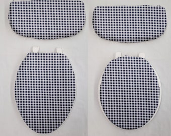 Navy Blue & White Checked Gingham Toilet Seat Lid and Tank Cover Set