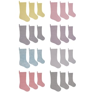 May include: A collection of twenty-four Christmas stockings arranged in eight sets of three, each featuring a small gingham check pattern. The stockings come in yellow, pink, black, purple, blue, gray, red, and dark gray color variations.