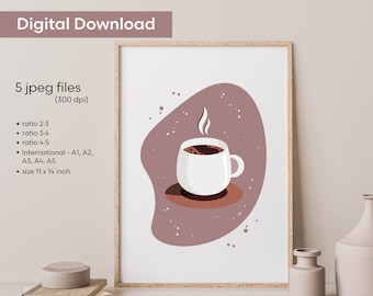Modern coffee cup poster wall art, Cute printable coffee lovers home decor, Unique coffee artwork kitchen wall hanging, Digital Illustration