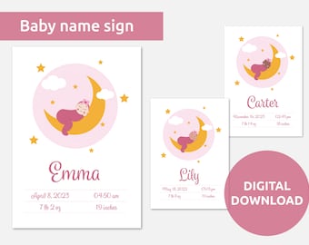 Printable baby girl name sign with birth stats, Modern nursery wall decor, Unique personalized baptism gift, Kid room cute illustrations