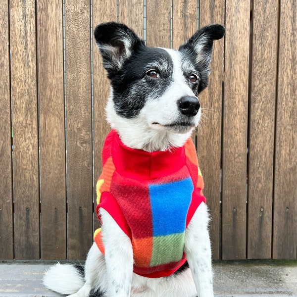 Patchwork Dog Jacket / Fleece Dog Coat / Dog Turtleneck / Red Dog Jacket