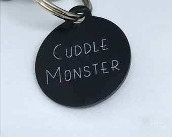 Cuddle Monster Dog Tag / Engraved Dog Tag / Black Dog Tag