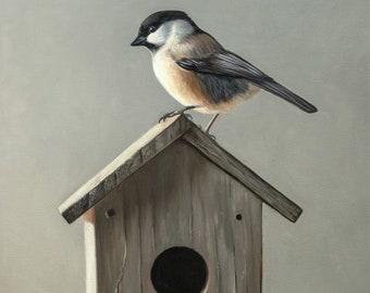 Chickadee & Birdhouse | Spring Bird Oil Painting Signed Fine Art Print | Direct from Artist