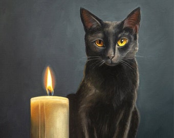 Black Cat & Candle | Halloween Cat Oil Painting Signed Fine Art Print | Direct from Artist
