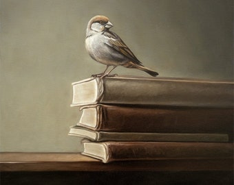 Moineau et livres vintage | Peinture à l'huile d'oiseau, impression d'art signée | Direct de l'artiste